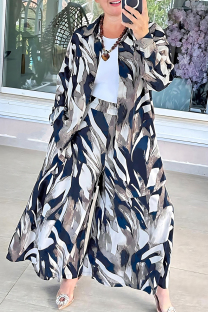 Multicolor Casual Print Pocket Buckle Patchwork Turndown Collar Long Sleeve Two Pieces