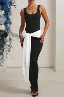 Black Elegant Patchwork Strap Design Contrast U Neck Long Dresses