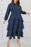 Deep Blue Elegant Solid Color Buckle Patchwork Turndown Collar A Line Plus Size Dresses