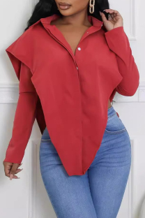 Red Casual Solid Color Buckle Patchwork Turndown Collar Tops