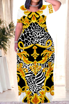 Gold Casual Print Patchwork O Neck Straight Plus Size Dresses