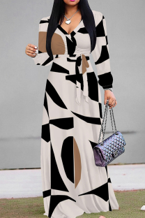Black And White Elegant Print Patchwork Strap Design V Neck Long Dresses