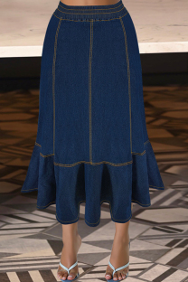 Deep Blue Casual Solid Color Patchwork A Line Plus Size 