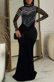 Black Elegant Patchwork Slit Hot Drill Zipper O Neck Long Dresses