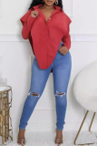 Red Casual Solid Color Buckle Patchwork Turndown Collar Tops