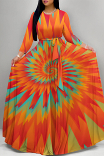 Orange Elegant Tie Dye Print Lace Up O Neck Printed Plus Size Dresses