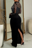 Black Elegant Patchwork Slit Hot Drill Zipper O Neck Long Dresses