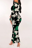 White Elegant Geometric Print Contrast U Neck One Step Skirt Dresses