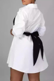 White Street Buckle Patchwork Strap Design Contrast Turndown Collar A Line Dresses