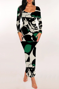 Gray Green Elegant Geometric Print Contrast U Neck One Step Skirt Dresses