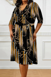 White Elegant Floral Print Lace Up Contrast V Neck Printed Plus Size Dresses