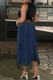 Deep Blue Casual Solid Color Fringed Trim Buttons Patchwork Zipper Straight Plus Size 