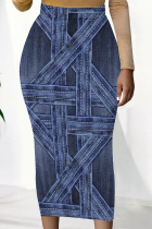 Blue Casual Faux Denim Print Contrast Regular High Waist Full Print Bottoms
