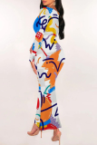 White Elegant Geometric Print Contrast U Neck One Step Skirt Dresses