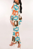 White Elegant Geometric Print Contrast U Neck One Step Skirt Dresses