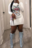 White Casual Print Patchwork O Neck Wrapped Skirt Dresses