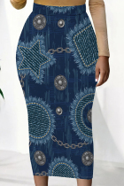 Dark Blue Casual Faux Denim Print Contrast Regular High Waist Full Print Bottoms