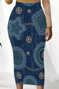Dark Blue Casual Faux Denim Print Contrast Regular High Waist Full Print Bottoms