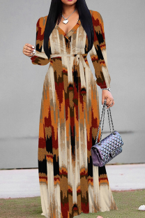 Brown Elegant Print Patchwork Strap Design V Neck Long Dresses