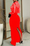 Black Elegant Patchwork Slit Hot Drill Zipper O Neck Long Dresses