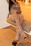 Khaki Casual Print Patchwork Turtleneck Long Sleeve Two Pieces
