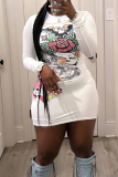White Casual Print Patchwork O Neck Wrapped Skirt Dresses
