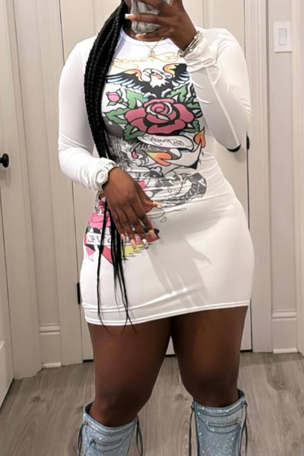 White Casual Print Patchwork O Neck Wrapped Skirt Dresses