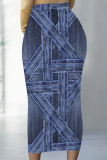 Blue Casual Faux Denim Print Contrast Regular High Waist Full Print Bottoms