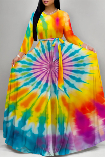 Yellow Elegant Tie Dye Print Lace Up O Neck Printed Plus Size Dresses
