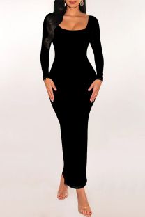 Black Elegant Geometric Print Contrast U Neck One Step Skirt Dresses