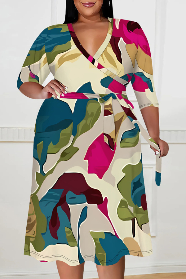 Multicolor Elegant Floral Print Lace Up Contrast V Neck Printed Plus Size Dresses