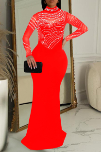 Red Elegant Patchwork Slit Hot Drill Zipper O Neck Long Dresses