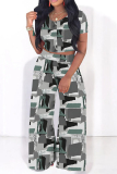 Black Casual Plaid Geometric Print Contrast O Neck Short Sleeve Two Pieces
