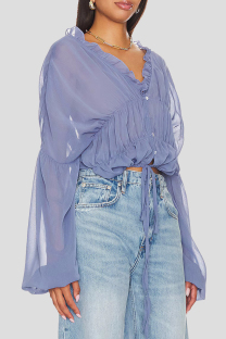 Blue Sexy Solid Color Patchwork See-Through Ruched Strap Design V Neck Tops