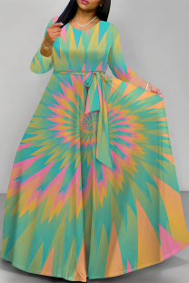 Green Elegant Tie Dye Print Lace Up O Neck Printed Plus Size Dresses
