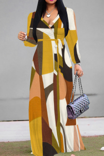 Yellow Elegant Print Patchwork Strap Design V Neck Long Dresses