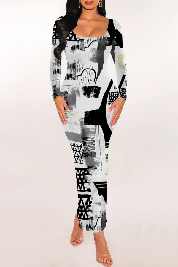 Black And White Elegant Geometric Print Polka Dot Leaf Print Contrast U Neck One Step Skirt Dresses