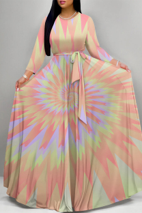Pink Elegant Tie Dye Print Lace Up O Neck Printed Plus Size Dresses