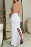 Black Elegant Patchwork Slit Hot Drill Zipper O Neck Long Dresses