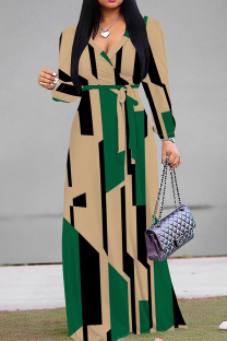 Green Elegant Print Patchwork Strap Design V Neck Long Dresses