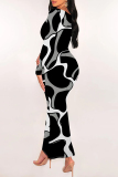 White Elegant Geometric Print Contrast U Neck One Step Skirt Dresses