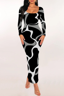 Black Gray Elegant Geometric Print Contrast U Neck One Step Skirt Dresses