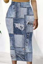 Medium Blue Casual Faux Denim Print Contrast Regular High Waist Full Print Bottoms