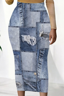 Medium Blue Casual Faux Denim Print Contrast Regular High Waist Full Print Bottoms