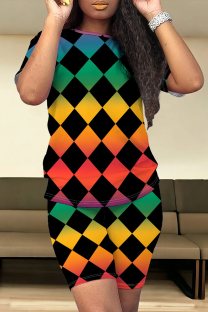 Multicolor Casual Colorblock Patchwork O Neck Short Sleeve Two Pieces