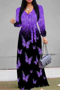 Black Purple Elegant Butterfly Lace Up Contrast V Neck Printed Dresses