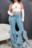 Light Blue Street Solid Color Pocket Buttons Patchwork Slit Zipper High Waist Boot Cut Denim Jeans