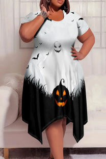 Black And White Elegant Print Patchwork O Neck Irregular Plus Size Dresses