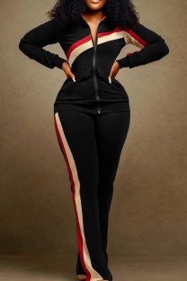 Black Casual Patchwork Zipper Zipper Collar Long Sleeve Two Pieces