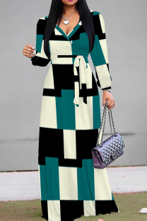 Black Casual Print Patchwork Strap Design V Neck Long Dresses